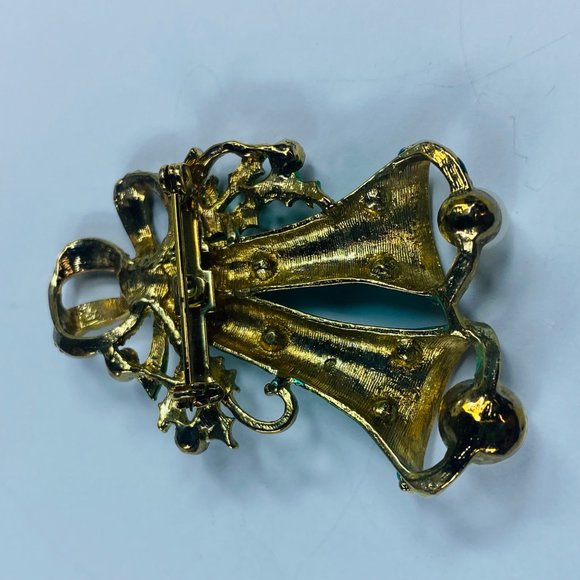 Long Two Bell Christmas Holiday Brooch Pin Holly Faux Pearls Rhinestone Bows - Picture 5 of 16